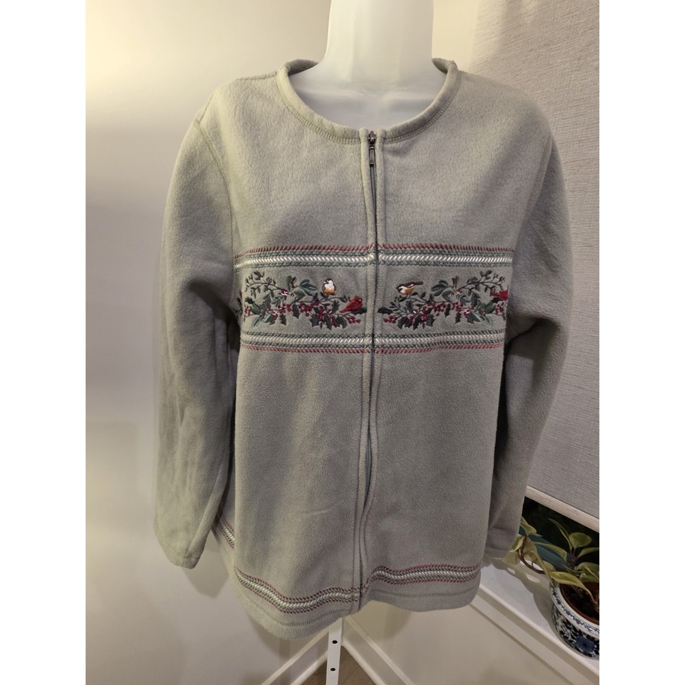 VTG Croft Barrow Sage/Green Fleece Cardinal/Berry Embroider Zip Grannycore 1X